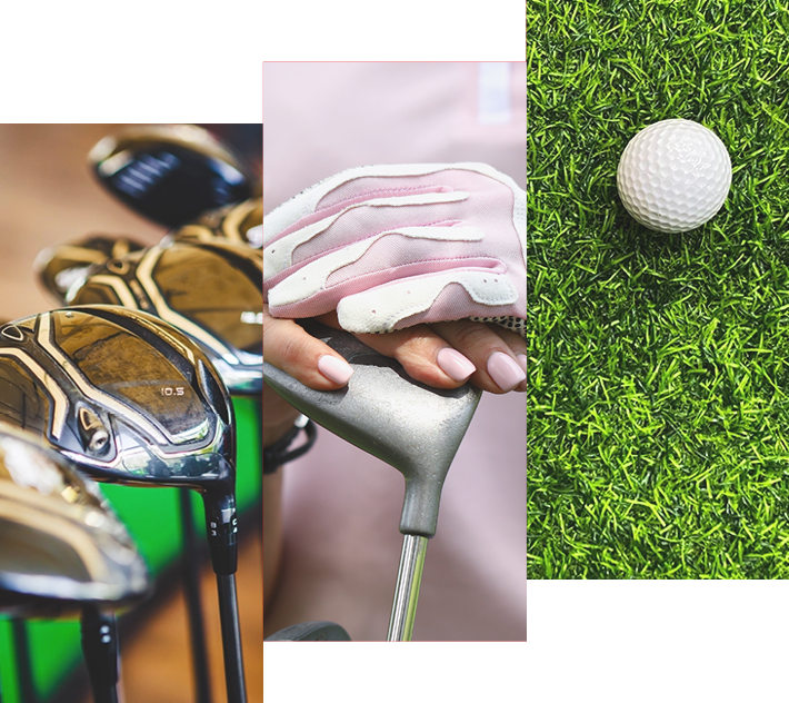 A collection of golf imagery featuring a close-up of a gloved hand holding a putter, a golf ball on turf, and a putter head, arranged within overlapping rectangular shapes.